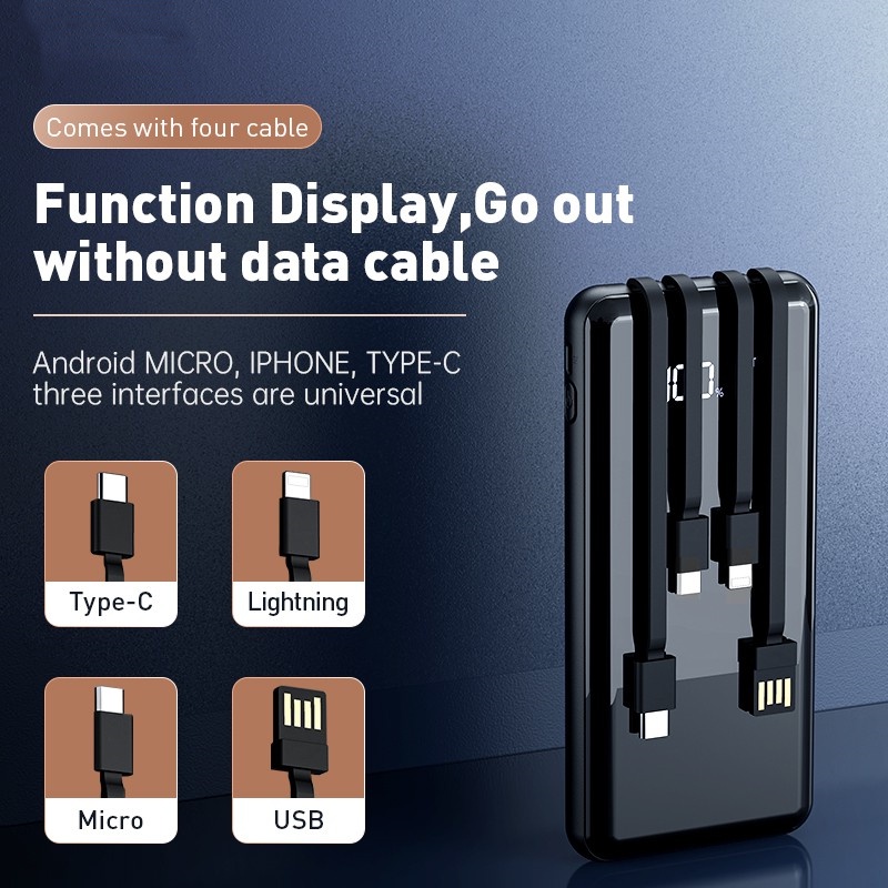 Power Bank 20000mAh Kapasitas Besar Powerbank 4 Cables Fast Charging Portable LED Display 4 Output 2 Input typec