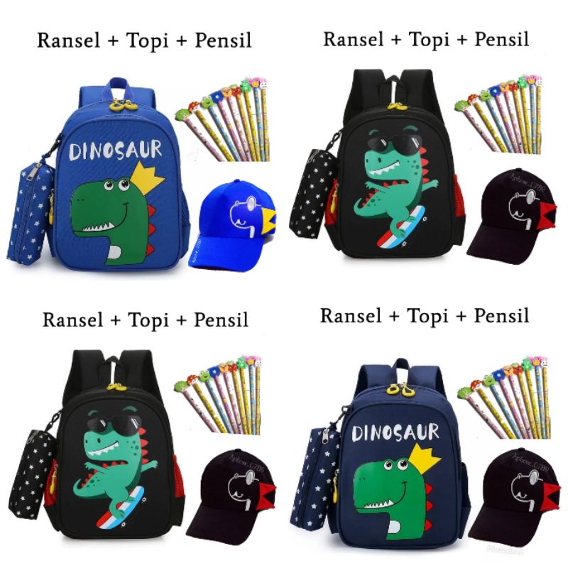 Tas ransel anak sekolah motif dinosaurus gratis topi pensil