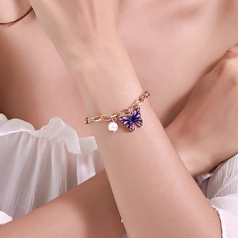 Gelang Kupu-kupu Warna Manis Gelang Rantai Tebal Yang Dipersonalisasi Aksesori Liontin Mutiara Segar Musim Panas