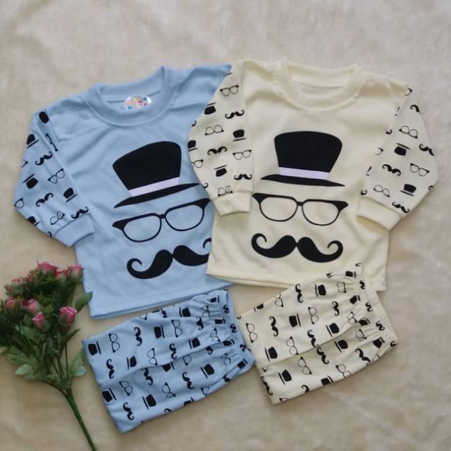 Ss#158 Piyama Baju Tidur Anak Size 3-12bulan Bahan Kaos / Setelan Baju Panjang Bayi Motif Kumis