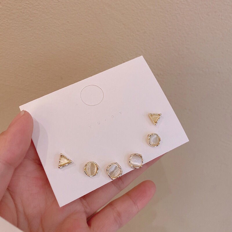 S2 sterling silver Bahasa Perancis gaya retro cymophanite geometris telinga studs set perempuan lemb