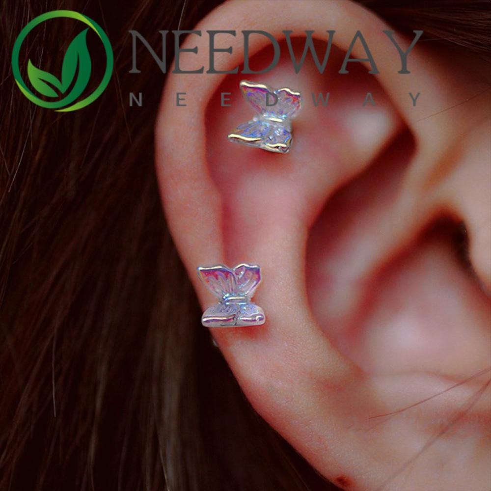 Needway  Temperament Tragus Earrings Sweet Butterfly Stud Earrings Women New Transparent Fashion Jewelry Geometric Acrylic Rainbow/Multicolor