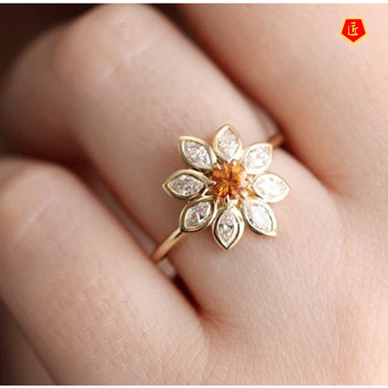 [Ready Stock]Retro Sunflower Diamond-Studded Ring Simple All-Match