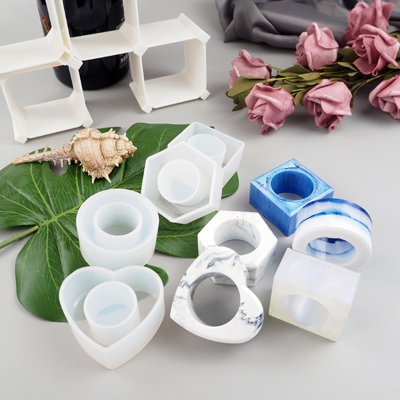 SIY  4 Shapes Minimalist Napkin Holders Ring Resin Molds Kit Round Sqaure Heart Hexagon Napkin Buckles Resin Casting Mold Kit