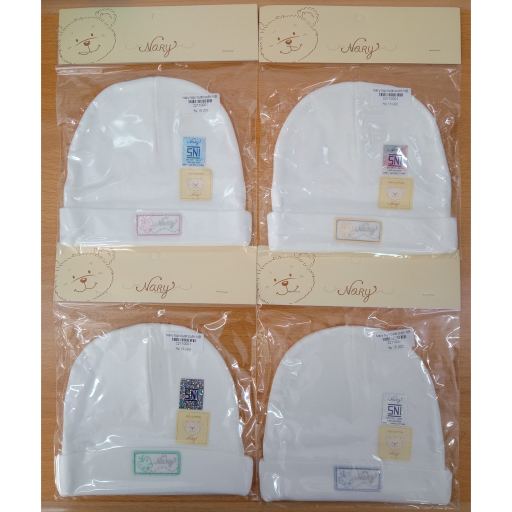 Nary topi kupluk/bulat baby putih tulisan bordir nary 0-3bulan