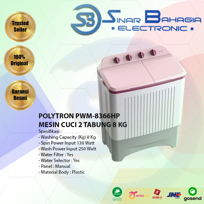 POLYTRON PWM-8366HP MESIN CUCI 2 TABUNG 8 KG (NEW) (KHUSUS BANDUNG)