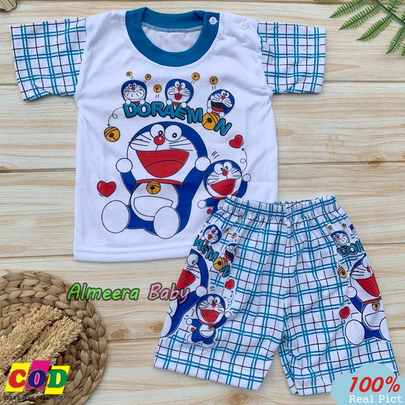 Setelan Baju Bayi Lengan Pendek Karakter Doraemon Usia 3-12 Bulan Almeera Baby and Kids