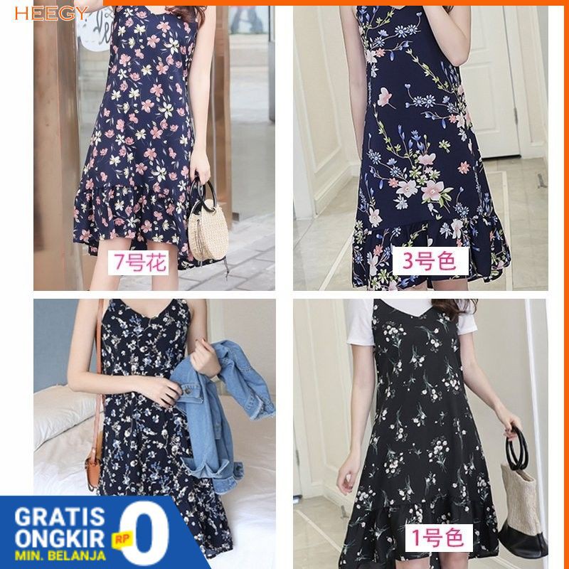 A Line Dress Tanpa Lengan Tali Strap dan Bahan Sifon Motif Floral Gaya Korea