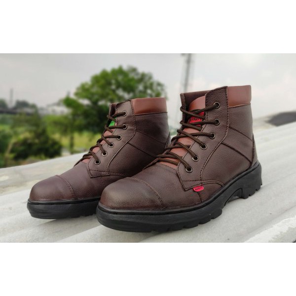 SEPATU SAFETY  KULIT ASLI COKELAT UJUNG BESI SEPATU BOOTS PRIA