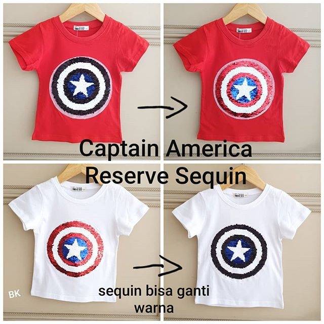 KAOS ANAK MOTIF CAPTAIN AMERICA RESERVE SEQUIN IMPORT TEBAL BAGUS MURAH