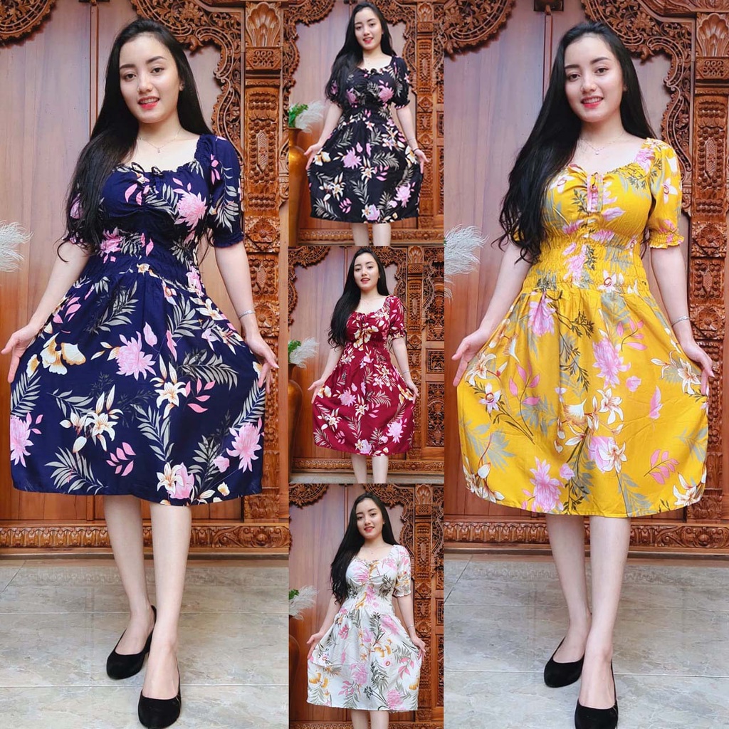Daster Sabrina Diandra Rose Kerut dan Serut Tali Rayon Super Bali | Dress Kondangan Print Motif Terb