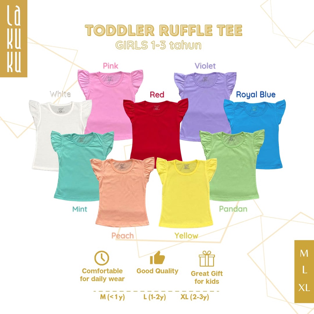 Atasan Kaos Ruffle Tee anak perempuan 1-3 tahun Lengan Kupu-kupu Pakaian Baju Anak Warna Polos