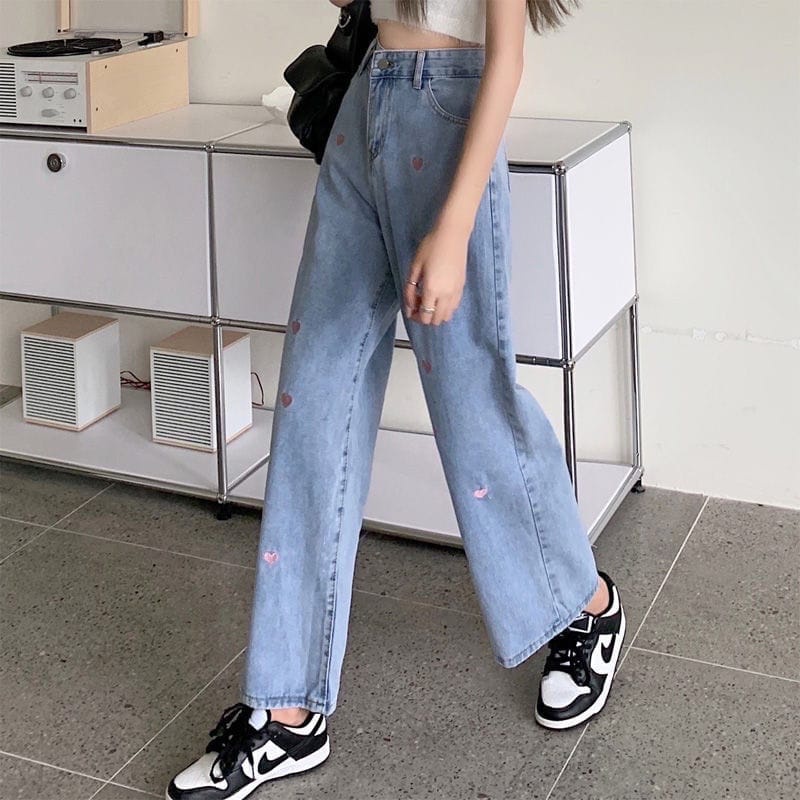 Boyfriend lose Kulot Jeans Love Bordir Gaya Korea// Celana Jeans Wanita Pinggang tinggi Boyfriend loose