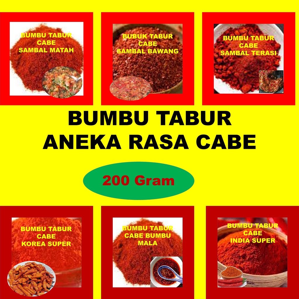 

Bumbu Tabur Aneka Rasa Cabe 100 gram | Bubuk Tabur Sambal Terasi Matah bawang Mala | Bubuk Cabe Korea Super | Bubuk Cabe Korea Halal PREMIUM | Cabe Bubuk India Super Cabe Bubuk Korea Halus | Cabe Bubuk Super Pedas Bubuk Cabe Sambal Bawang Enak