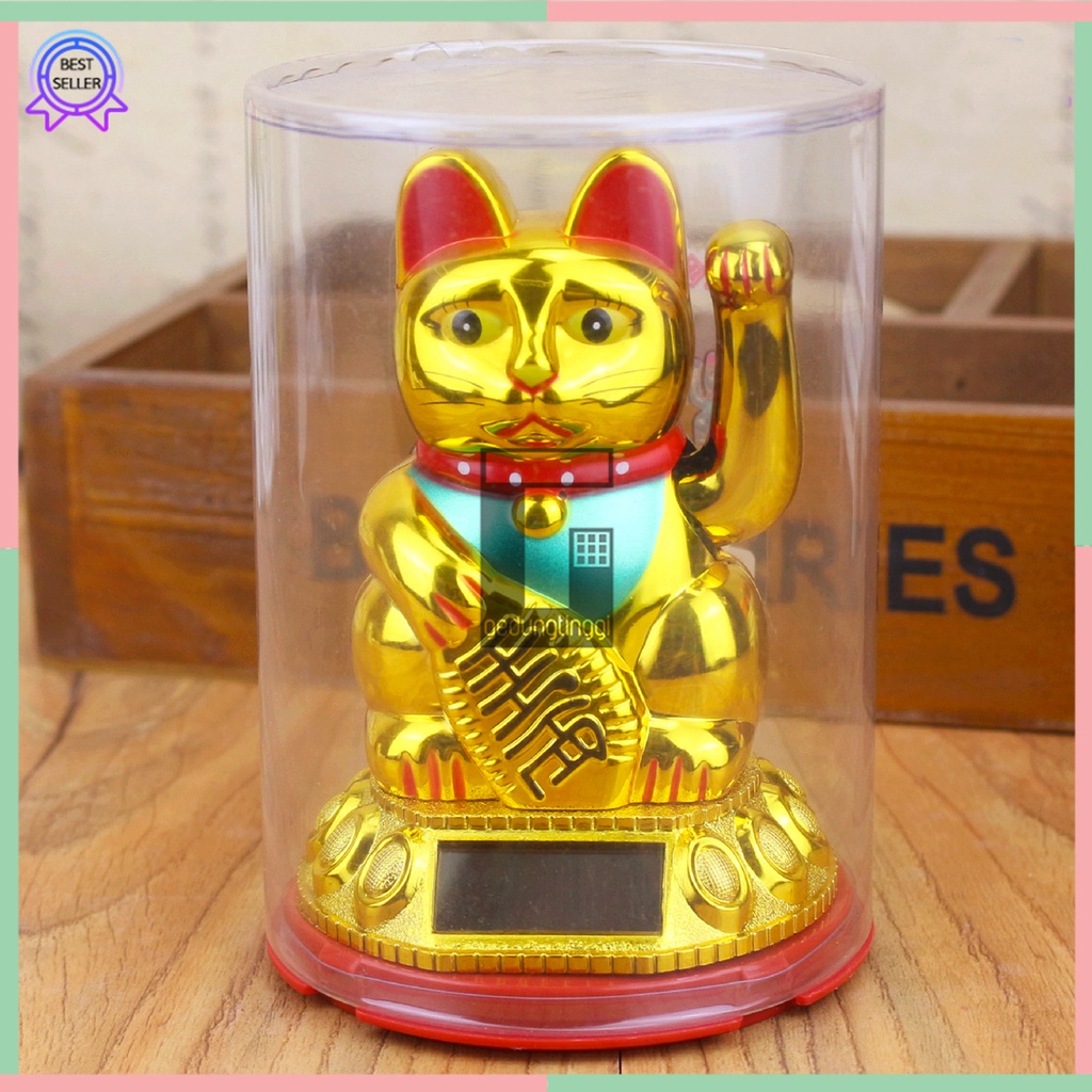 Boneka Patung Hiasan Dekorasi Pajangan Kucing Hoki Keberuntungan Lucky Cat Rejeki Maneki Neko Maneko Neki Emas Gold Tangan Gerak Goyang Baterai Batre Batrai Batrei Non Solar Listrik Jepang Cina China Meja Kasir Toko Size Ukuran Kecil Sedang Medium Besar