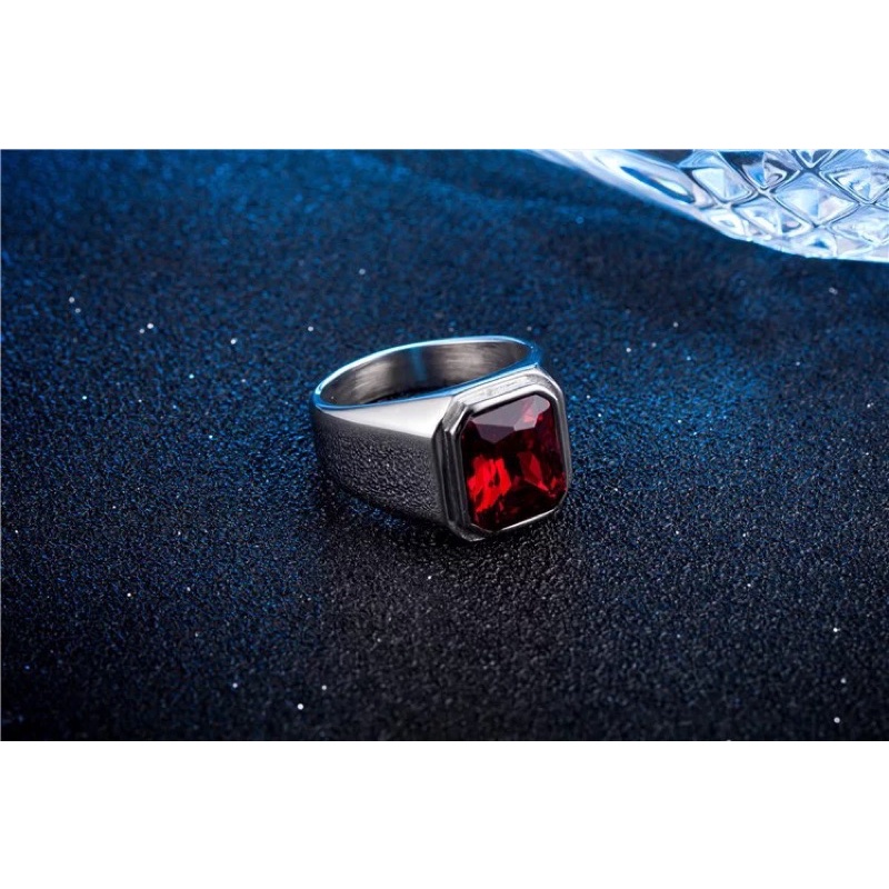 Cincin Pria Titanium 316L Stainless Steel Original Premium Quality Batu Rubi Merah Minimalis