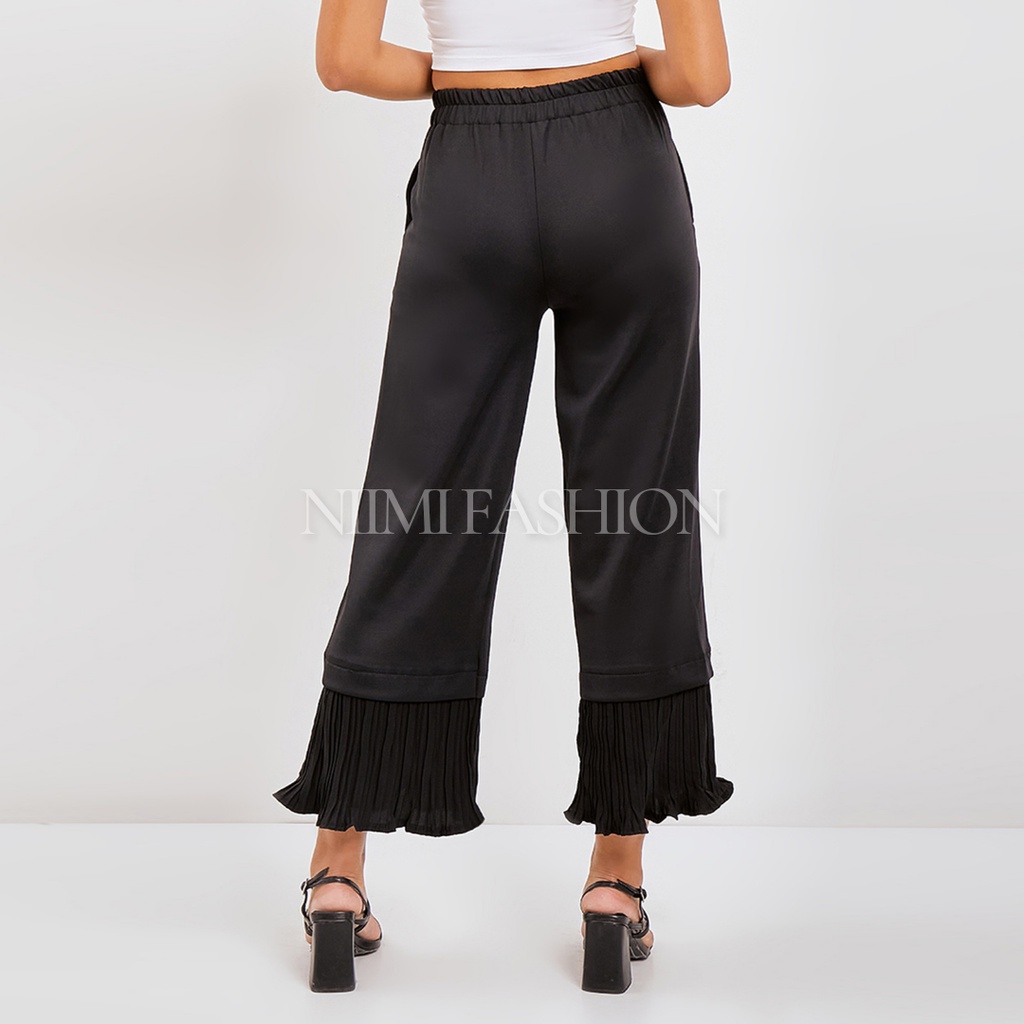 NIMI - Jolly Pants Celana Kulot Highwaist Hitam Wanita Bawahan Kulot Scuba Kombinasi Plisket Premium Wanita