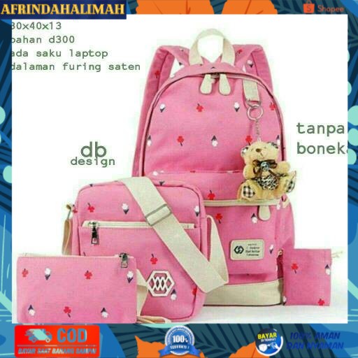 

[TERBARU] Ransel sekolah set 4in1 Tulip pink/ grosir tas wanita murah