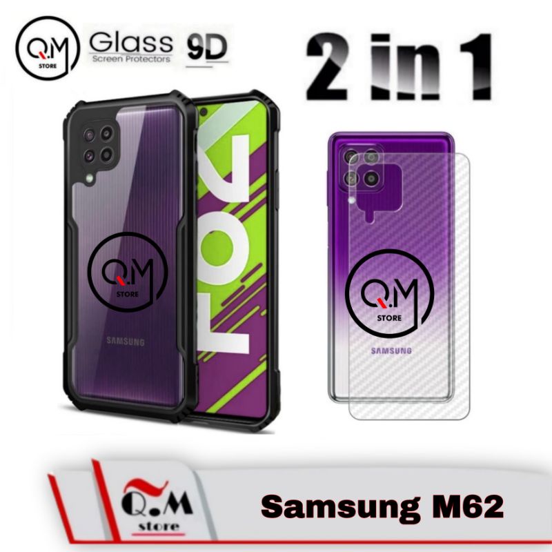 PROMO 2-IN-1 Case Samsung M62 Softcase Transparan TPU High Quality Free Skin Carbon Garskin 9D