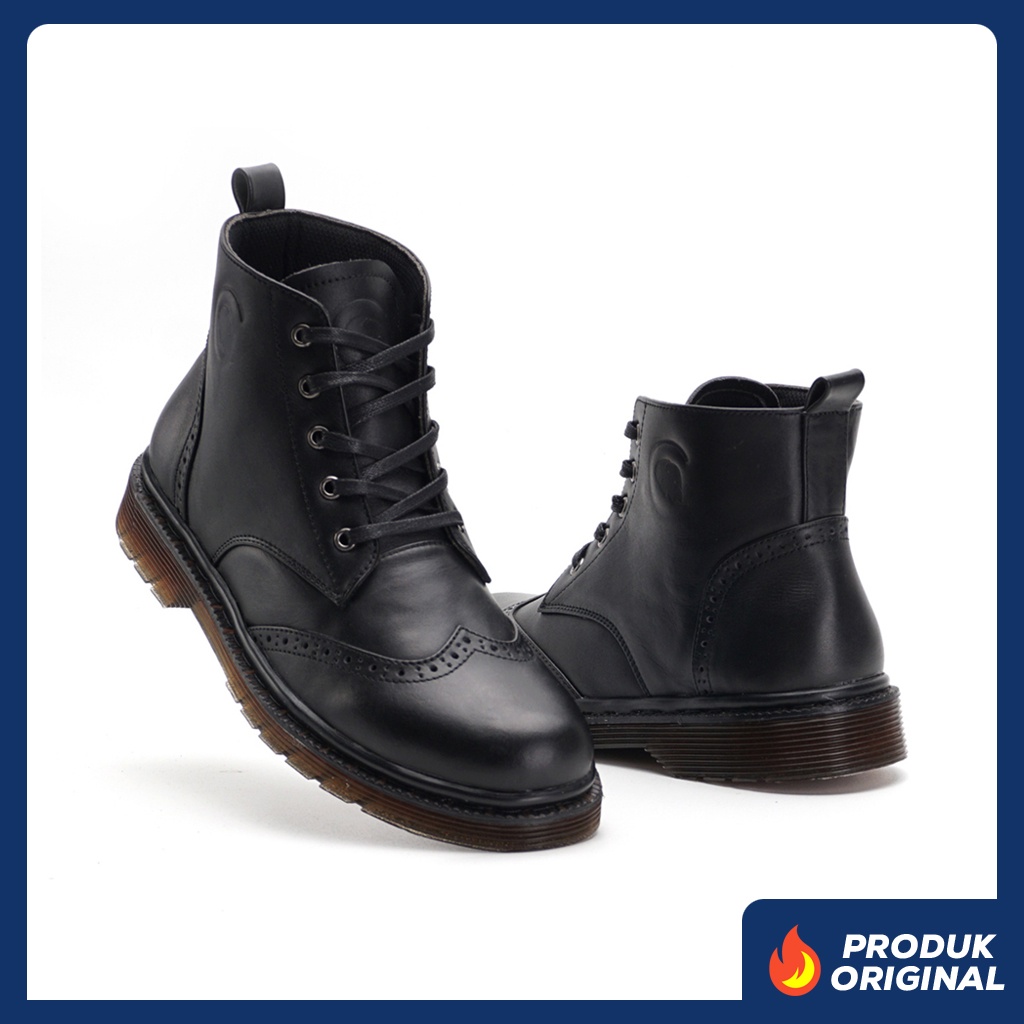 PELLIFE BLACK ORIGINAL x GREATA Sepatu Kulit Sapi Asli Pria Boots Hitam Tinggi Tali Casual Semi Formal Vintage Klasik Jalan Hangout Kuliah Kerja Kantor Classic Boot Genuine Leather Shoes Bikers Touring Footwear Big Size Ukuran Besar Jumbo 44 Keren Terbaru