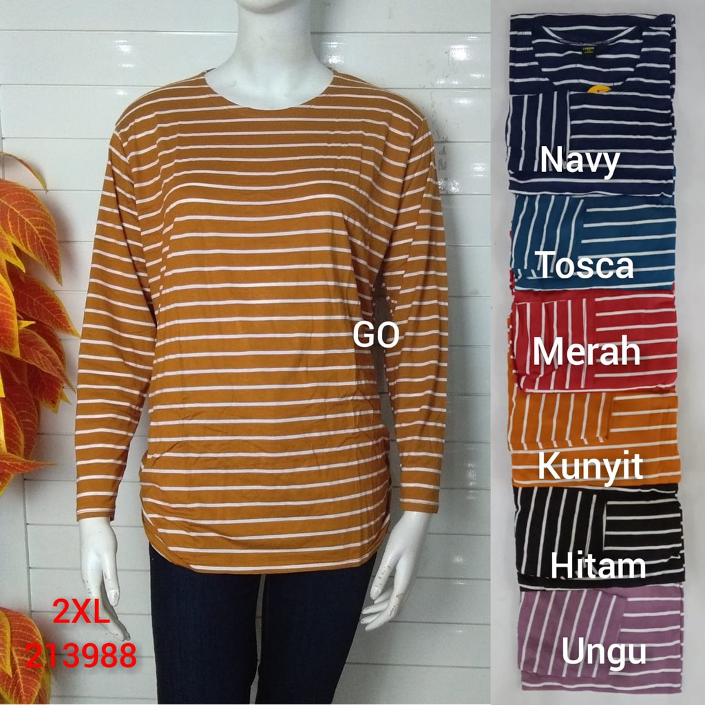 gof AS LMN BIG SIZE Pakaian Wanita Atasan Kaos Motif Salur Garis Katun Casual Santai Lengan Panjang