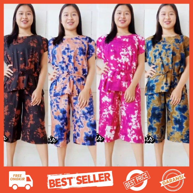 setelan kulot tie dye / setelan babydol rayon tie dye celana 3/4