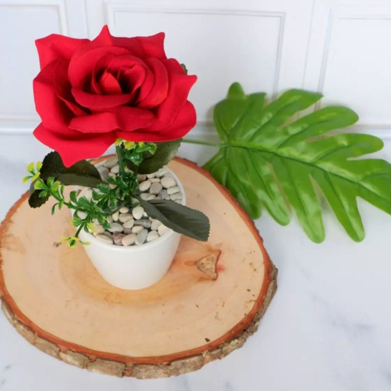 [ PROMO TERMURAH ] Bunga Artificial Red Rose Mekar | Termasuk Pot Melamin Bulat | Dekorasi Ruang Tamu | Bunga Plastik Grosir Import Murah