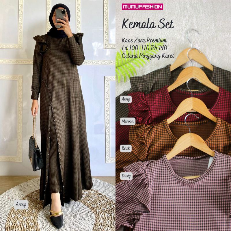 New Setelan Baju Gamis dan Celana Wanita Muslimah Motif Kotak2 KEMALA SET By Fashion Hijab Solo