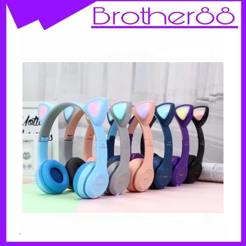 HEADSET HANDSFREE LED BANDO CAT MACARON BLUETOOTH MICRO SD MZ-P47