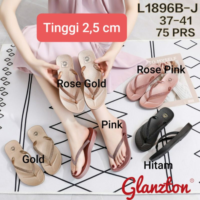 Semi Wedges 2,5 cm Glanzton Tali Gliter Blink Sandal Jepit Karet Wanita L1896B-J L1896B L1896BJ L1896 1896 Import Jelly Glanston Glaston Glossy Sendal Japit Impor Glitter Perempuan Cewek Murah Cantik Kekinian