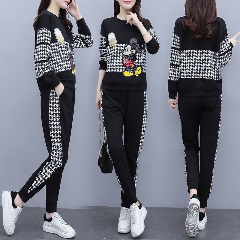 Unik M-3XL 2Pcs Set Katun Blus Lengan Panjang Kotak-kotak Sequin Bunga Mickey+ Celana Slim Fit Setelan Wanita