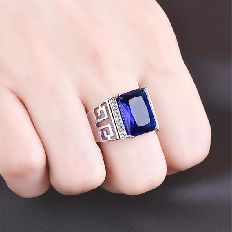 Cincin Jari Pria Berlian Platinum Safir Fashion Baja Titanium Perak Kristal Biru Rings