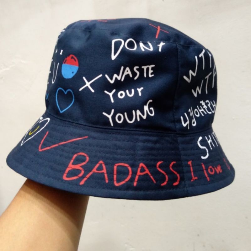 TERMURAH TOPI BUCKET HAT KOREA LAKI CEWE SABLON BADAS BOLAK BALIK PANTAI FISHERMAN-BADAS NAVY