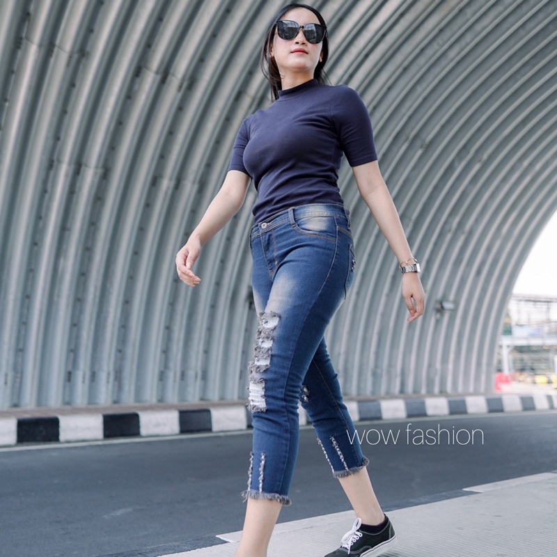 WOW-Jenner Celana Jeans//Celana 7/9 Ripped Wanita//Celana Jeans Wanita//Celana Sobek Wanita