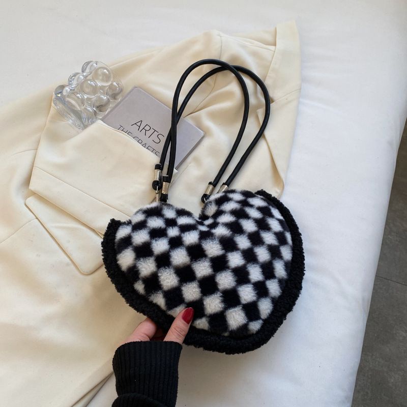 [littlecrab] Tas Love Hitam Putih Bulu Model Catur Zebra Bunga Monokrom Tas Bahu Bulu Lembut Cute Love Woman Bag Fluffy Black White Chess Flower Tas Berkualitas Korean Style