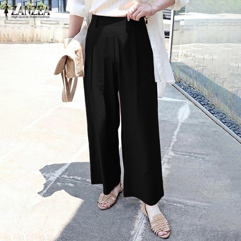 ZANZEA Women Fashion Solid Color Casual High Waist Wide Leg Long Pants