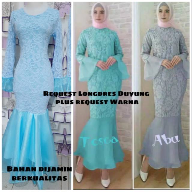 Longdres duyung brukat mermaid muslimah murah tangan terompet atau polos