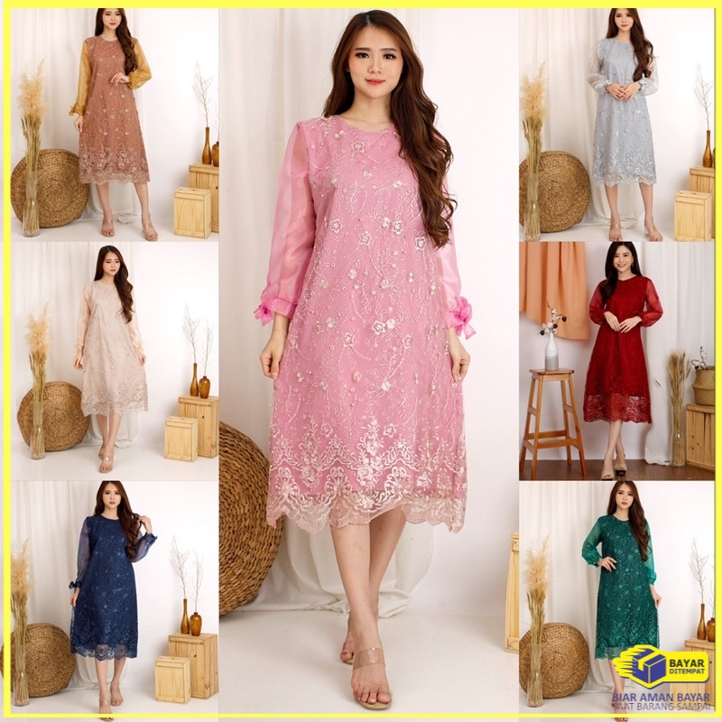 Gaun Long Dress Dres Wanita Brokat Brukat Tulle Glitter Mutiara Tille Premium Korea Style Cantik Ter