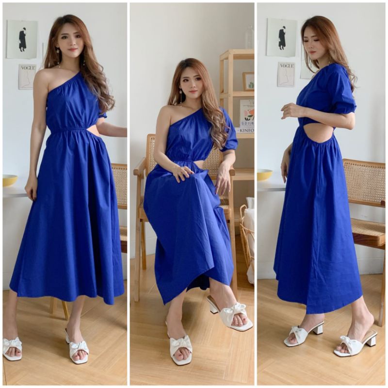 ❣️ SPECIAL PRICE ♡ PREMIUM ♡ ORIGINAL ! ANGIE VINTAGE PLAIN ONE SHOULDER SIDE LESS MIDI PARTY DRESS