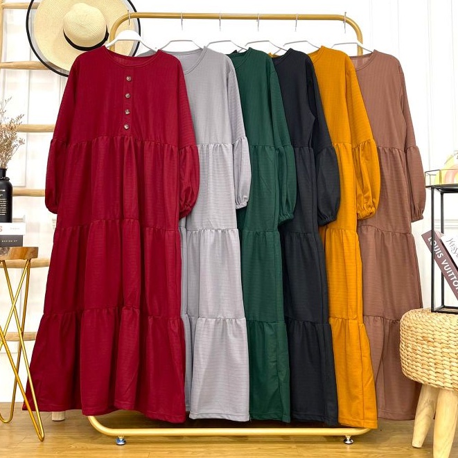 Gamis jumbo mayung model kancing rempel 3 susun polos lengan balon bahan waffle merk cocobee (kode 7