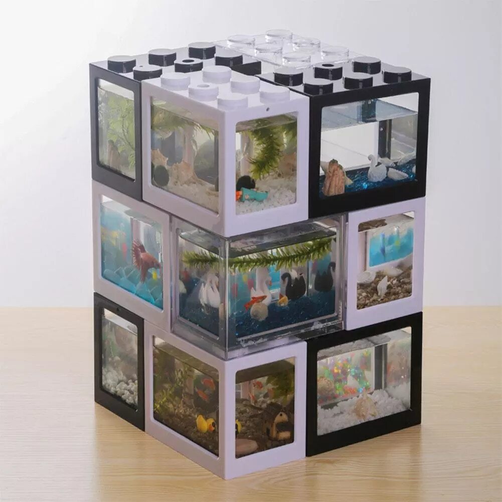 Akuarium Mini Cupang Kecil Lego Block with Colorful LED Aquarium Batu Hias Akuarium Dekorasi