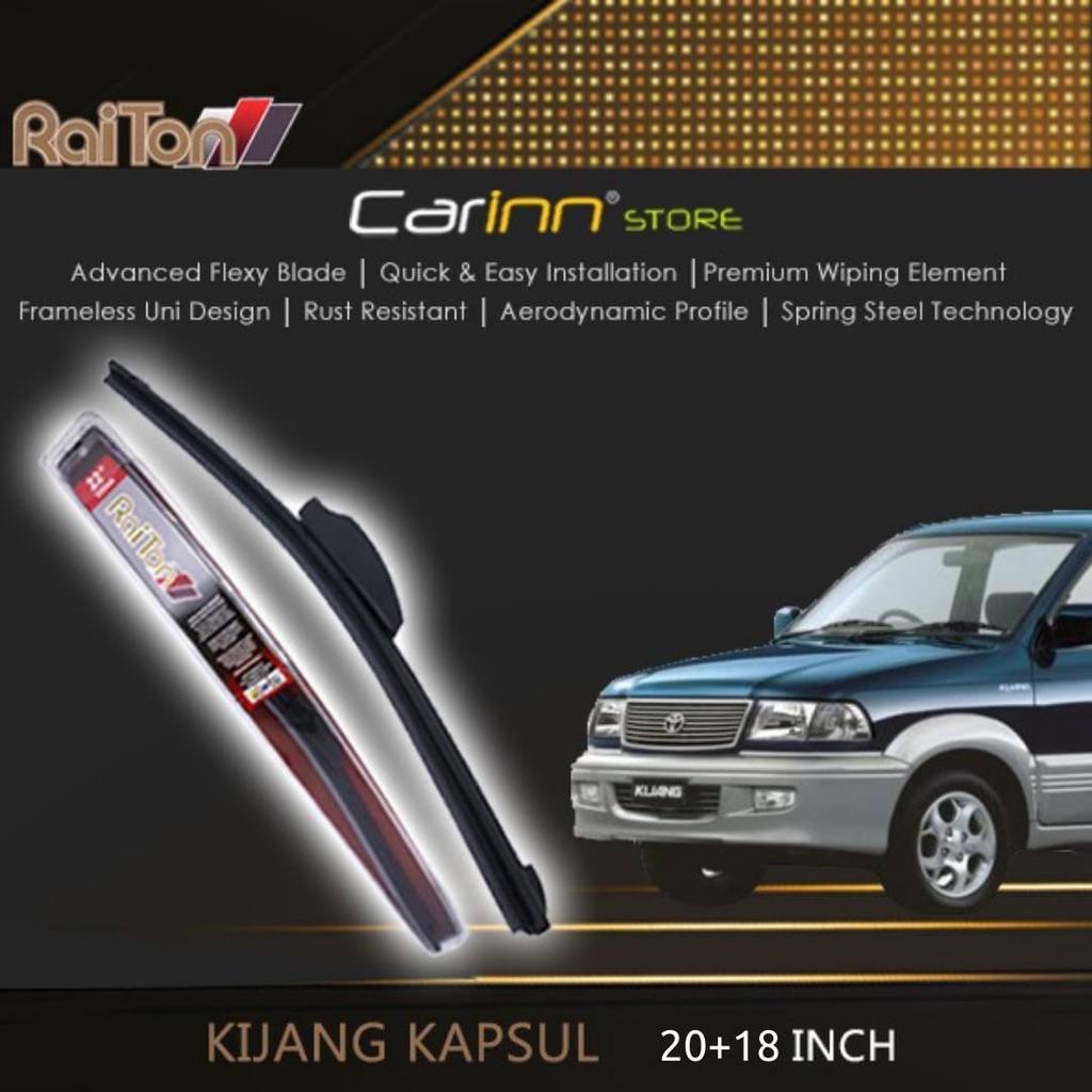 Raiton Sepasang Wiper Frameless Full Karet Kaca Depan Toyota Kijang Kapsul 20" & 18" -2 Buah