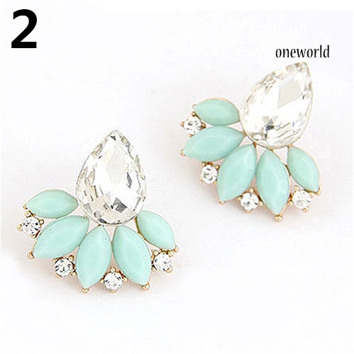 OW@ Women's Korean Style Teardrop Leaf Inlaid Rhinestone Earrings Ear Studs Jewelry