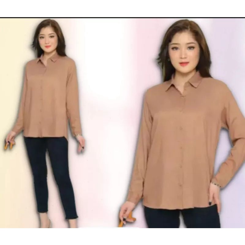 Kemeja Wanita Dewasa Kerja Kantoran Lengan Panjang Polos Size M L XL