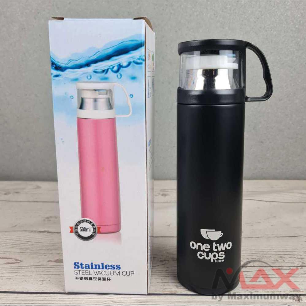 Botol Thermos termos One Two Cups Botol Minum Thermos with Cup Head 500ml - SUS304 Warna Hitam