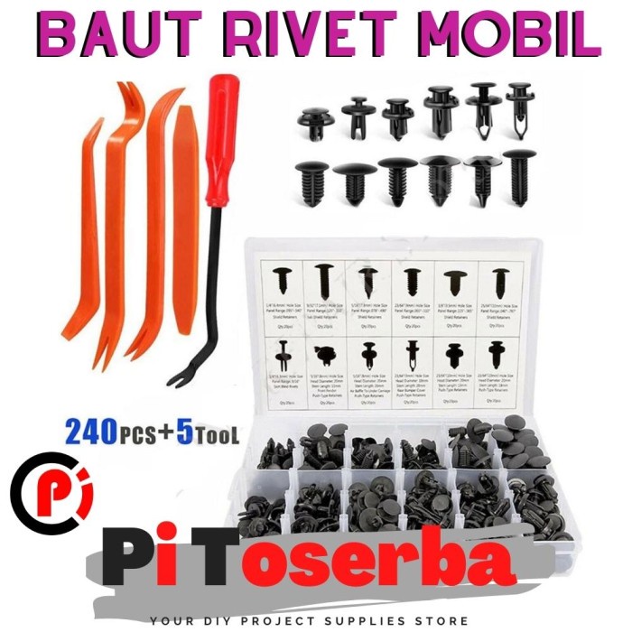 Baut Rivet Mobil Universal Car Push Pin Fasteners Clip 240PCS + 5 Tool