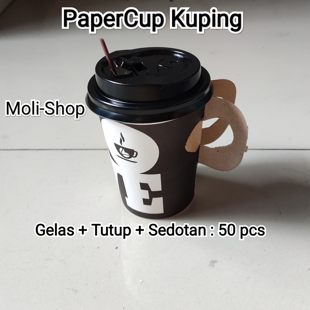 PaperCup Kuping / Gelas  kertas Gagang + Tutup + Sedotan (isi 50pcs), Paper cup, Gelas Kertas, Gelas Kopi