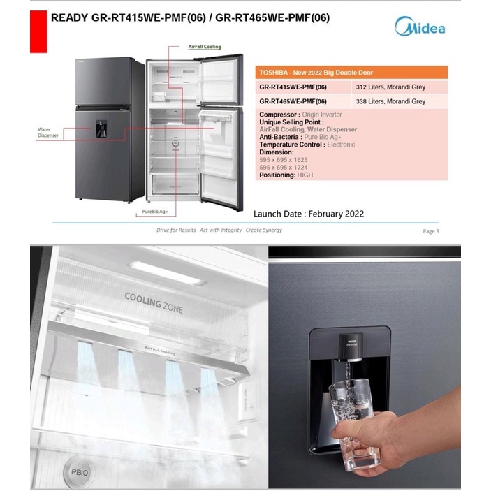 TOSHIBA Lemari Es 2 Pintu + Dispenser 312 Liter GR-RT415WE-PMF / Kulkas 2 Pintu 95 Watt GRRT415WEPMF / GRRT415WE / GRRT415