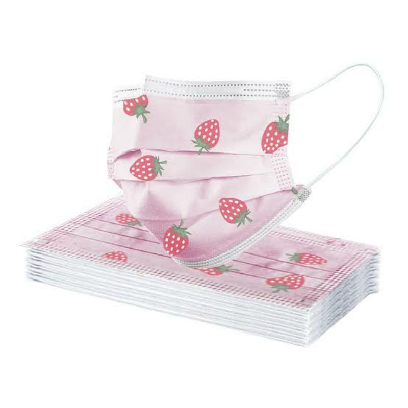 MASKER 3PLY DEWASA STRAWBERRY FACE MASK ISI 50PCS IMPORT PREMIUM TERMURAH