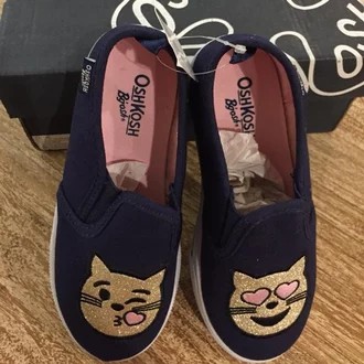 Sepatu Anak Oshkosh warna Biru Gambar Kucing Glitter Emas Size EUR 26 US 9 - Baby Shoes Dark Blue